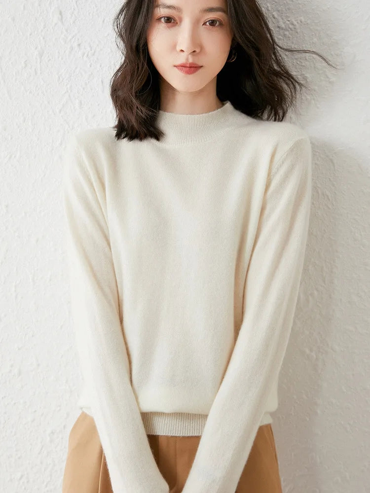 Winter wool sweater for women's soft solid color long-sleeved knitted sweater